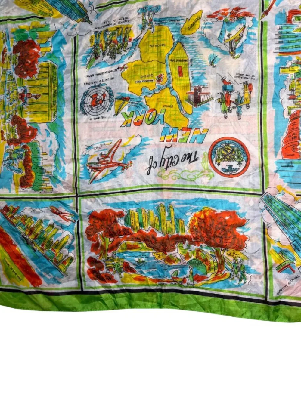 Vintage 1950s New York City Pure Silk Hand Screen Printed Souvenir Scarf